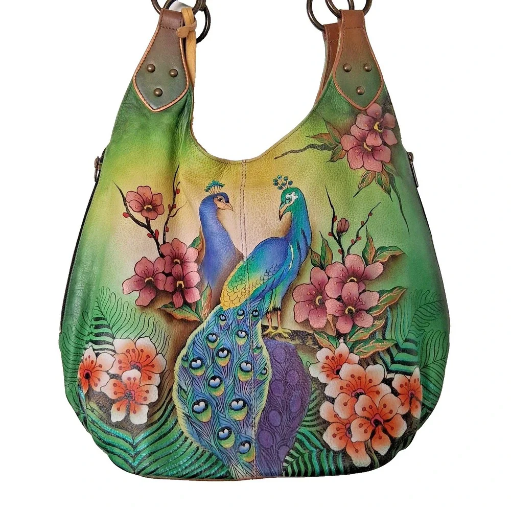 Anuschka Hand-Painted Leather Hobo Bag Peacocks Two sided Painting